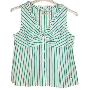 Tommy Hilfiger M Sleeveless Blouse Ruffled VNeck Button Front Green Stripe Light